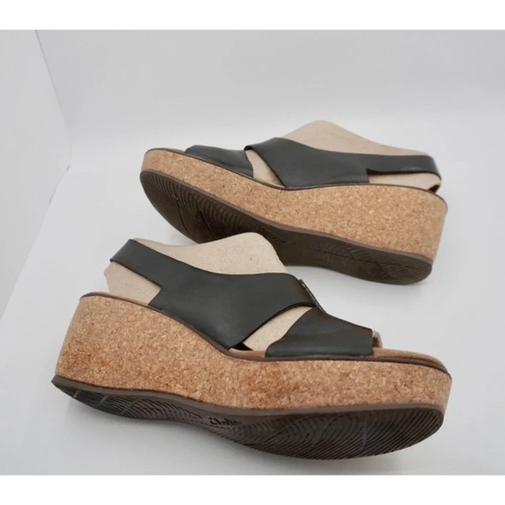 Clarks Rosemund Dune Black Leather Cork Wedge Sandals 11 M Resortwear 35-01-01